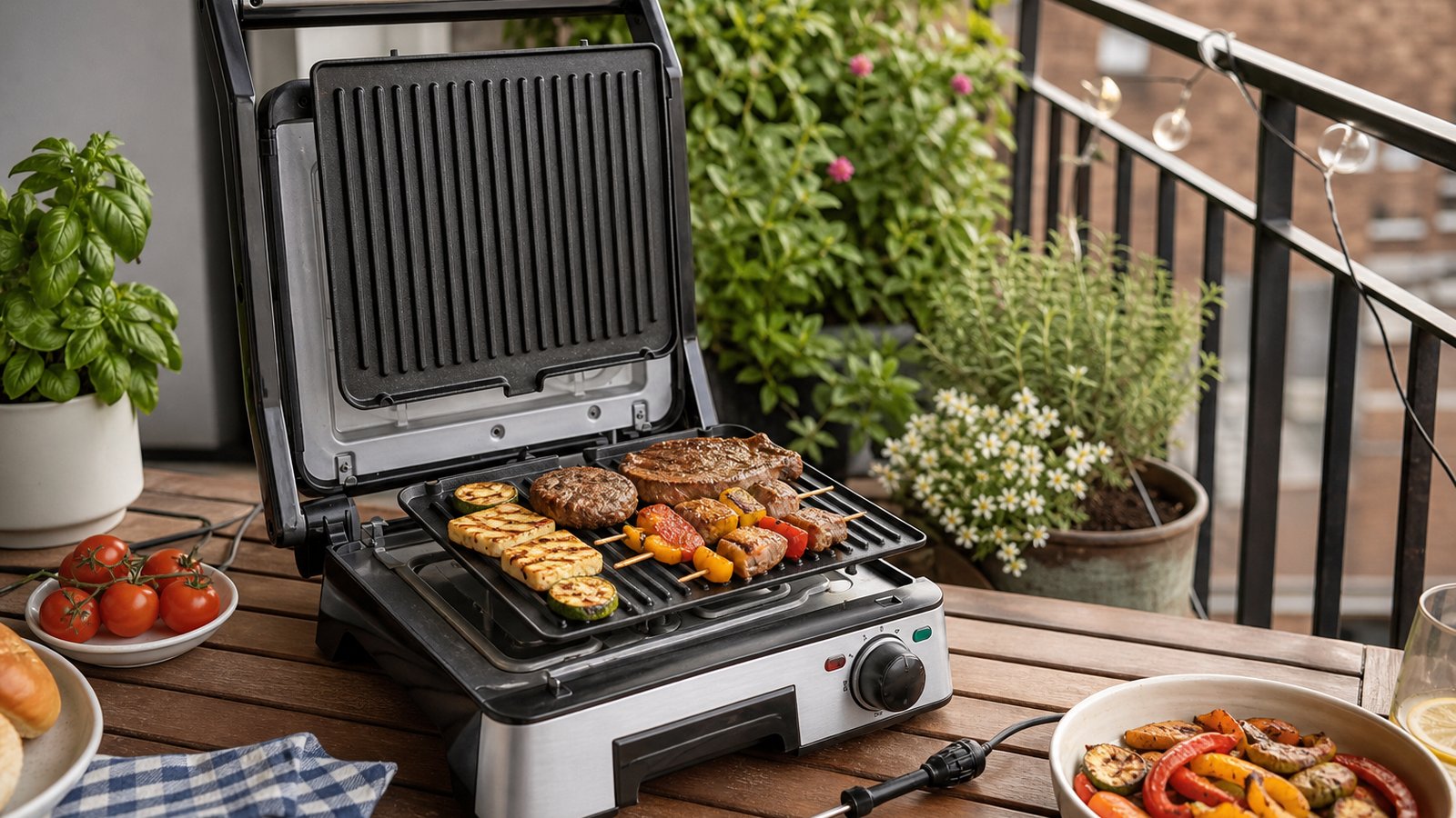 Lifestyle product scene for electric bbq grill pan for balcony uk